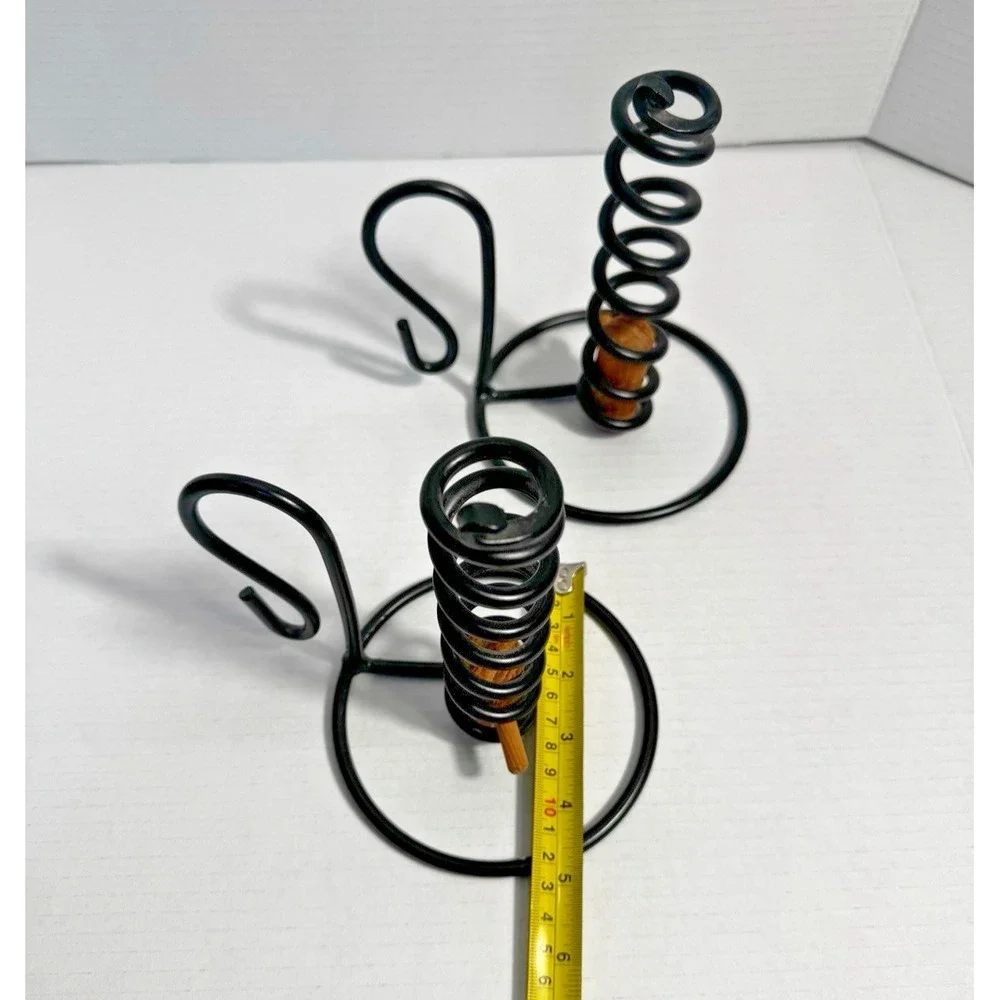 Vintage Wrought Iron Spiral Courting Candle Holder Set Black Metal Wood 7in